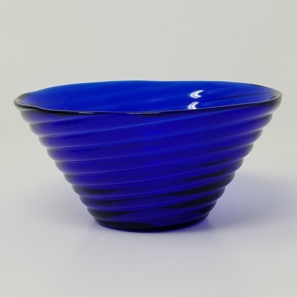 Vintage Cobalt Blue Swirl Bowl Concentric Rings Textured Optic Glass Serving Bow - Picture 8 of 8